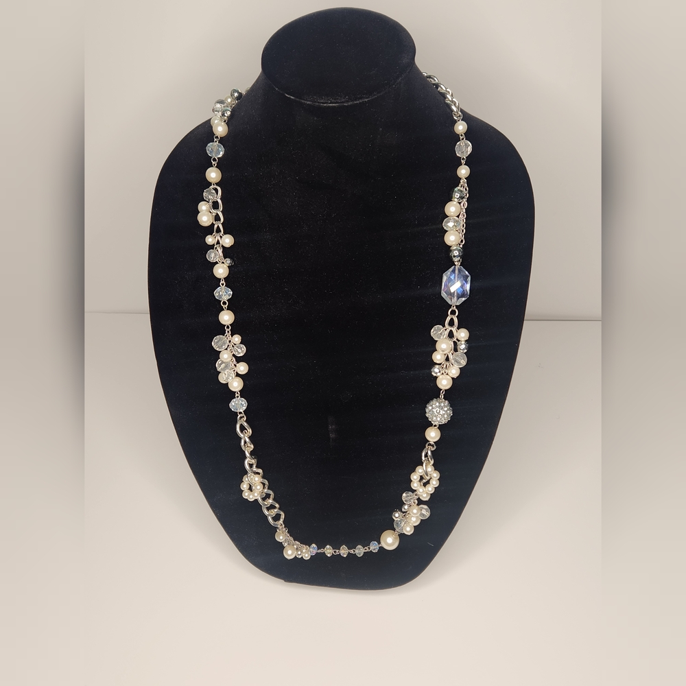 Cookie Lee Silver and White Necklace with Pearl and Crystal Elements